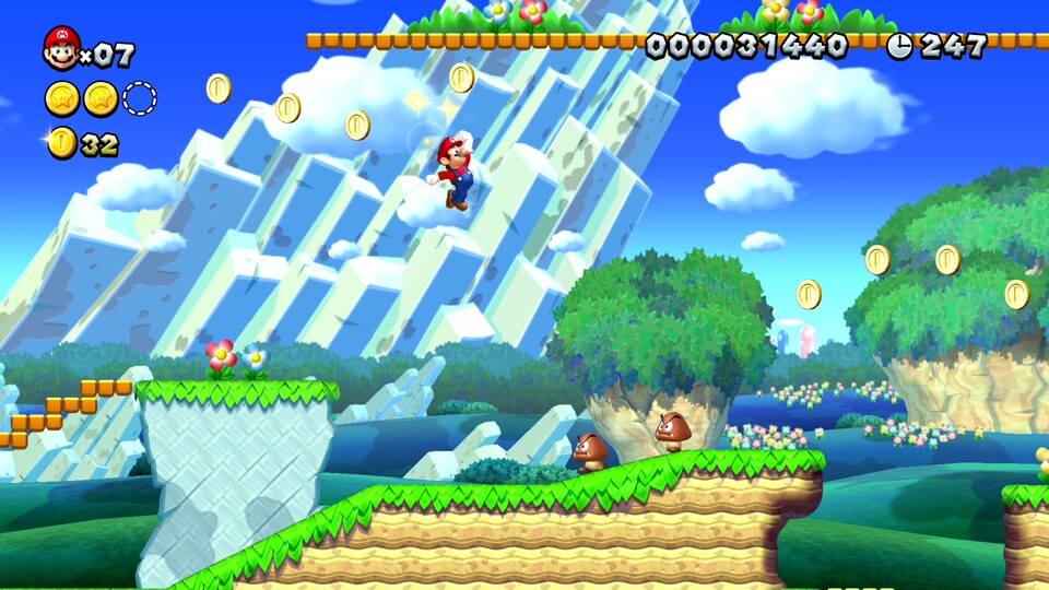 Fragezeichenblöcke, Münzen und Gumbas: New Super Mario Bros. U Deluxe ist sofort als klassisches Mario-Jump&Run erkennbar.