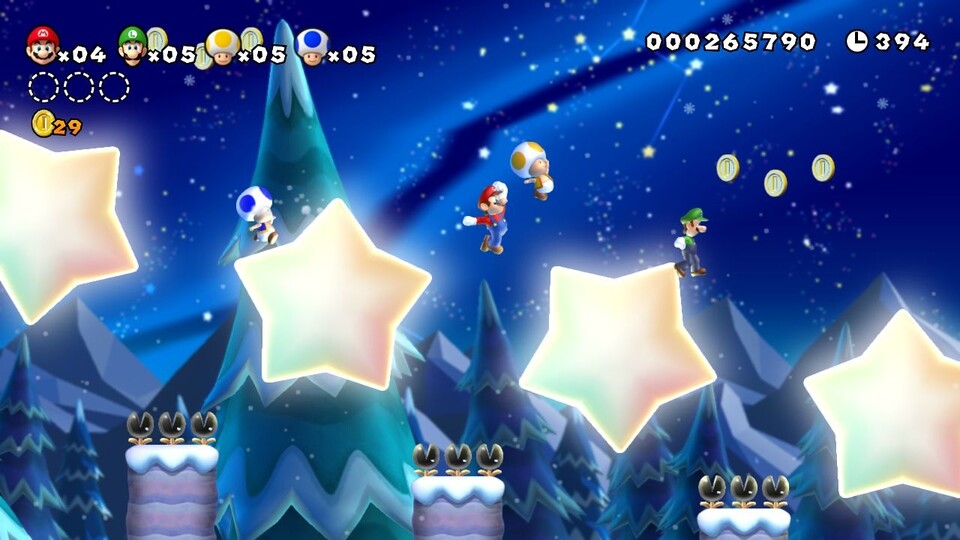Was wäre Super Mario Bros. ohne ein Schneelevel? Dank HD-Grafik schaut die Winterlandschaft einfach zauberhaft aus.