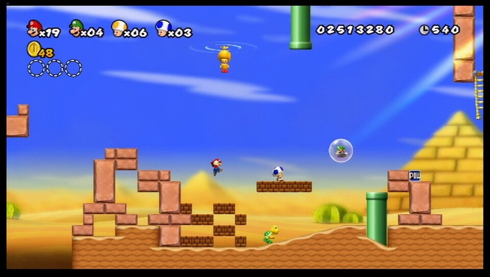 New Super Mario Bros. Wii: Im Vierspielermodus fährt die Kamera ein Stück zurück, was zu einer besseren Übersicht führt. 