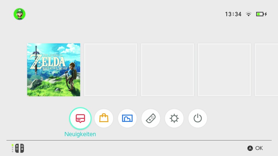 Das Hauptmenü der Nintendo Switch setzt in der Standardeinstellung auf viel weiß und klare Symbole.