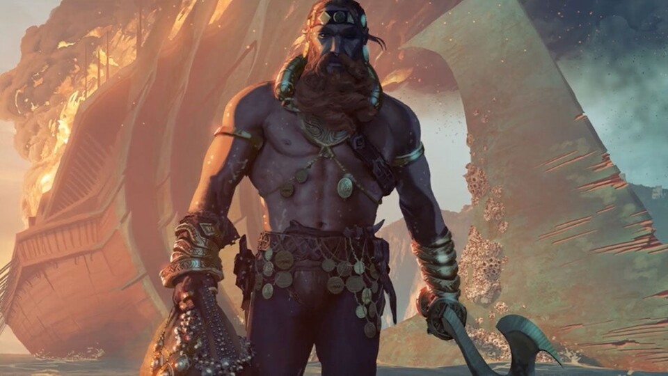 Ein klassischer Rivain-Seeräuber in typischer BioWare-Protagonisten-Pose vor einem brennenden Qunari-Schlachtschiff: Dürfen wir Pirat*in spielen?