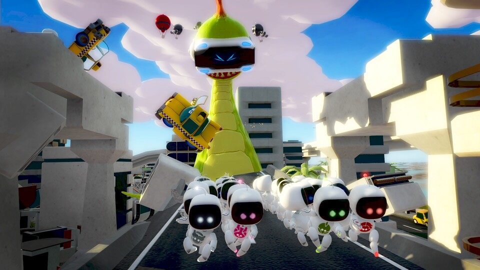 Eines der witzigen Minispiele: Das Monster (mit VR-Brille) muss die kleinen Roboter fangen.