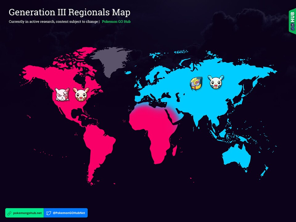 Diesmal verteilt Niantic die neuen regionalen Monster nur auf zwei kontinentübergreifende Gebiete. Quelle: Pokémon GO Hub