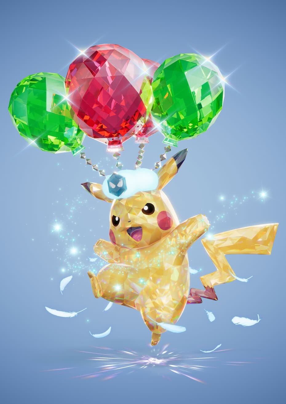 Das besondere Tera-Pikachu wird in der Kristall-Form von Luftballons getragen