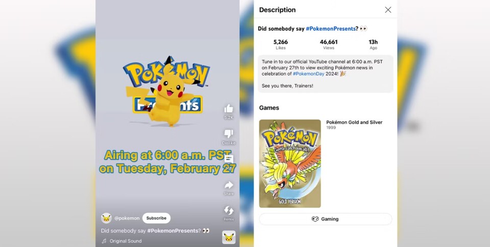 In der YouTube-App ist in der Videobeschreibung zu Pokemon Presents 2024 das Spiel Pokemon Gold verknüpft.