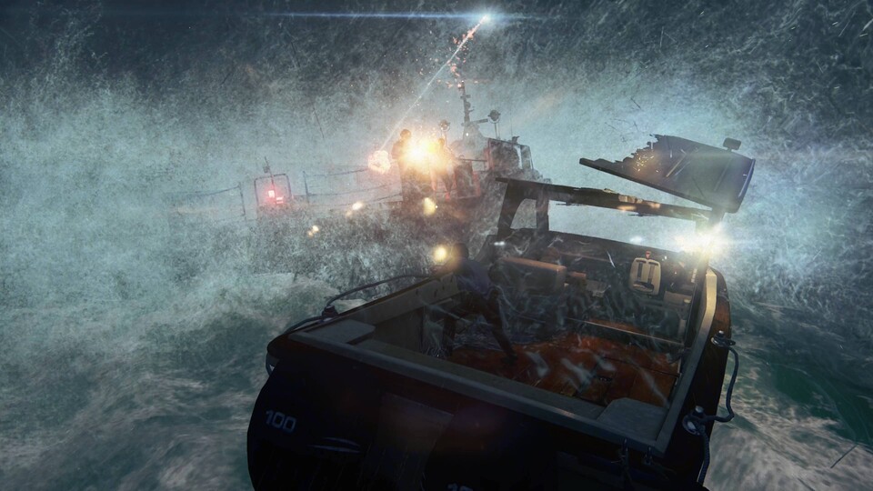 Bereits die ersten Sekunden von Uncharted 4 sind ein idealer Showcase für 3D-Audio und das haptische Feedback. Es kracht aus allen Richtungen. (Bild: Leistungs-Modus)