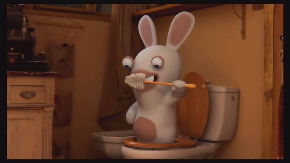 In diesem Sketch wird uns demonstriert, wie Rabbids baden: In der Toilette.