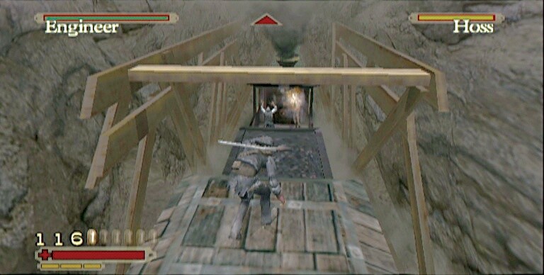 Selbst auf einem fahrenden Zug muss sich Red mit Banditen herumärgern und dabei auch noch Hindernisse wie diese Verstrebungen im Auge behalten. Screen: Playstation 2