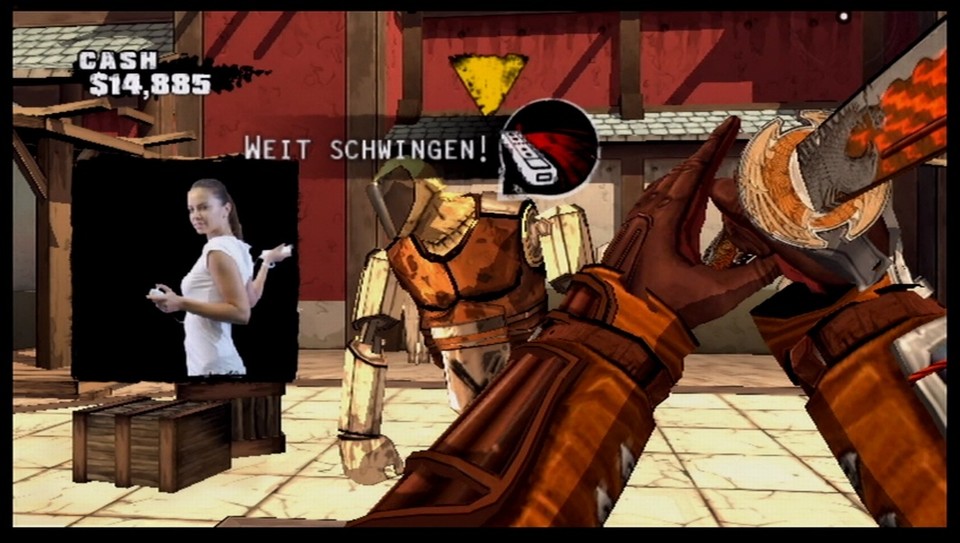 Red Steel 2: Im Dojo lernt ihr neue Kampftechniken. Praktisch: Die Dame links zeigt euch die exakten Bewegungen. [Wii]
