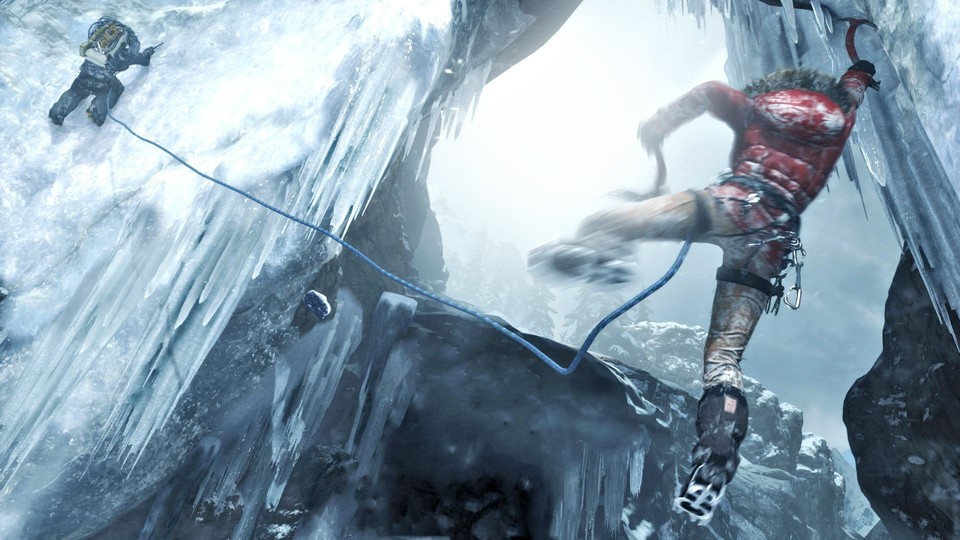 Lara erklimmt einen Gletscher, der gleich einstürzen wird.