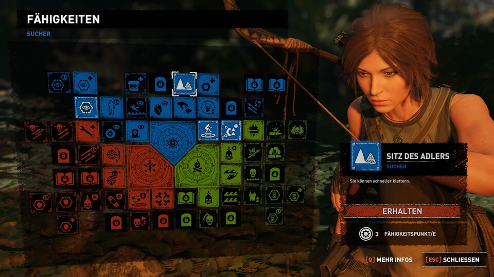 An jedem Lagerfeuer kann Lara neue Fähigkeiten freischalten. Vorausgesetzt, sie hat die benötigten Erfahrungspunkte.