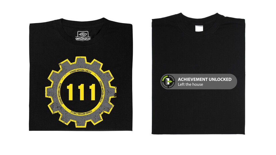 Logo-Shirts mit »Vault 111« oder »Achievement Unlocked« kommen bei Spiele-Fans fast immer gut an und sind vergleichsweise preiswert.