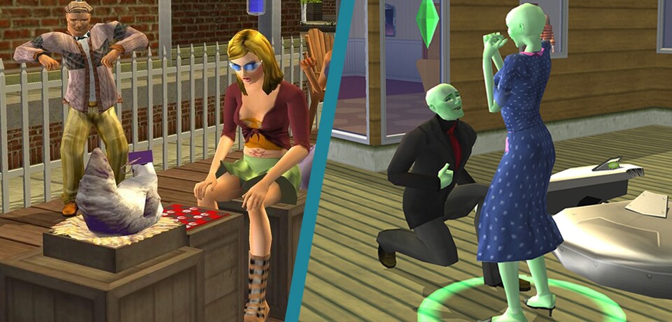 Der Story-Modus von Sims 2 lässt uns gegen Hühner Schach spielen und Aliens bei der Sozialisierung auf der Erde nachhelfen.