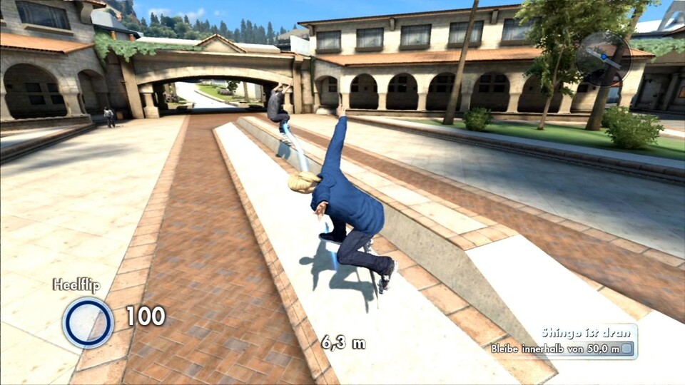 Skate 3:Um eure Karriere zu fördern, nehmt ihr unterschiedliche Herausforderungen an. Hier geht es darum, mit KI-Kollege Reda durch die Stadt zu skaten. [PS3]