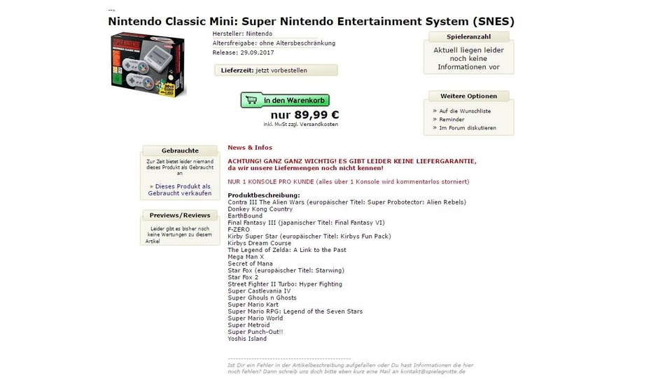 Spielegrotte.de hat das SNES Mini schon im Angebot.