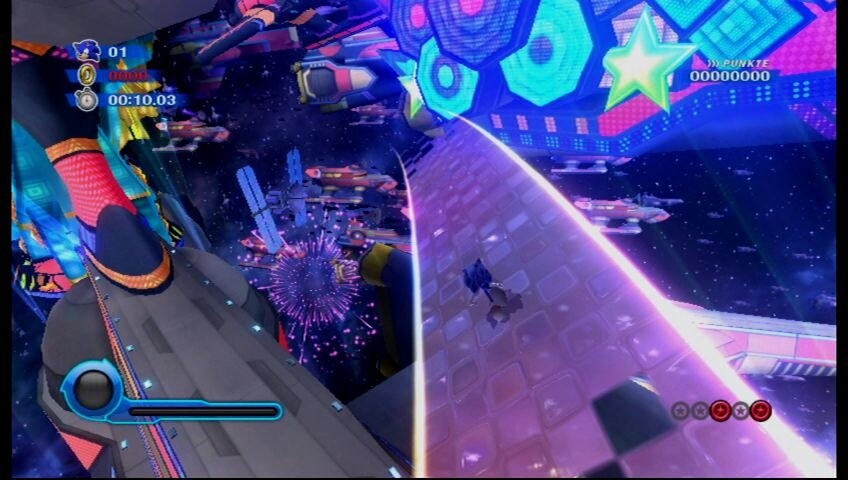 So schön kann Leveldesign sein: Während Sonic über diese Sternestraße düst, wird im Hintergrund ein Feuerwerk gezündet. [Wii]