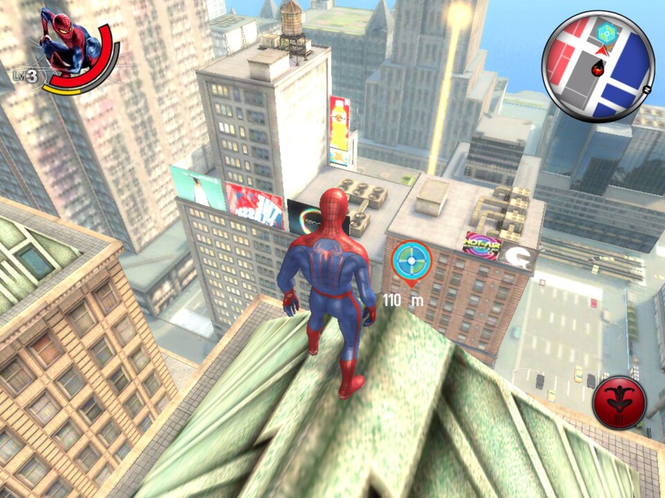 Hoch über New York bewegt sich Spidey auf das nächste Ziel zu. Das im Sprung zu treffen wird allerdings schwierig. [iPad (Retina)]