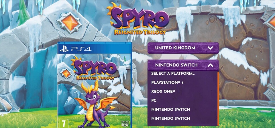Auf der UK-Website der Spyro Reignited Trilogy lässt sich die Nintendo Switch als Plattform auswählen.