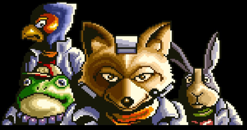 Die vier Helden von Starwing: der Frosch Slippy Toad, der Falke Falco Lombardi, Anführer-Fuchs Fox McCloud und der Hase Peppy Hare.