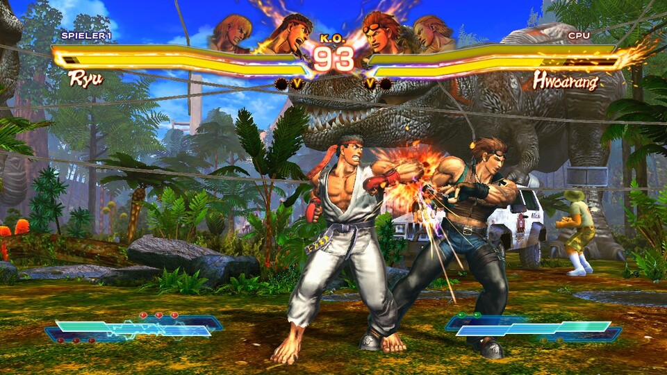 Ryu und Hwoarang lassen sich von den Dinos im Hintergrund nicht stören.