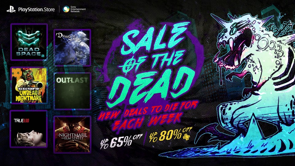Im Sale of the Dead bietet Sony einige Gruselspiele für einen reduzierten Preis an, benutzt dabei aber die Schriftart aus dem Sunset Overdrive Schriftzug.