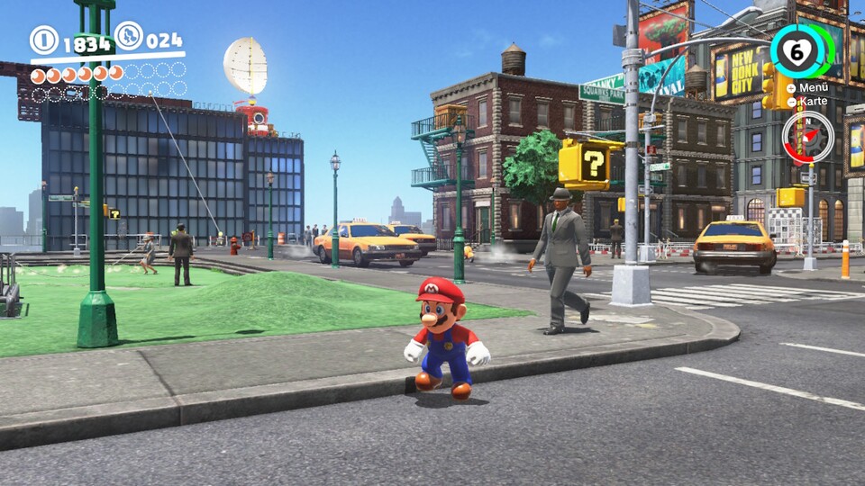 Die Welten von Super Mario Odyssey strotzen vor liebevollen Details. In New Donk City steigt beispielsweise Rauch aus Gullideckeln und statt Ampeln gibt es ?-Blöcke.