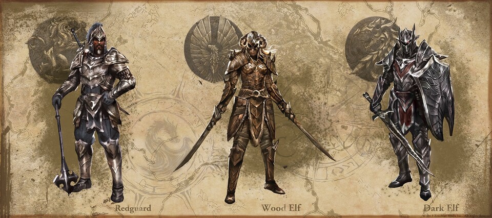 So sehen die schweren Rüstungen für Rothwardonen, Waldelfen und Dunkelelfen in The Elder Scrolls Online aus.