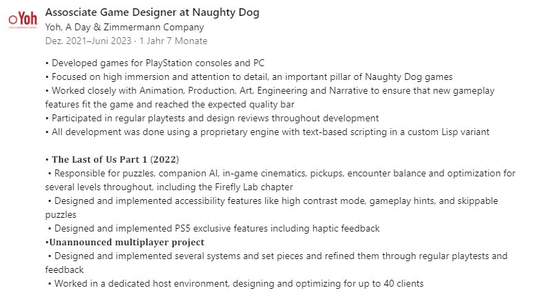 Beschreibung von Ian Blake seines Jobs bei Naughty Dog auf LinkedIn