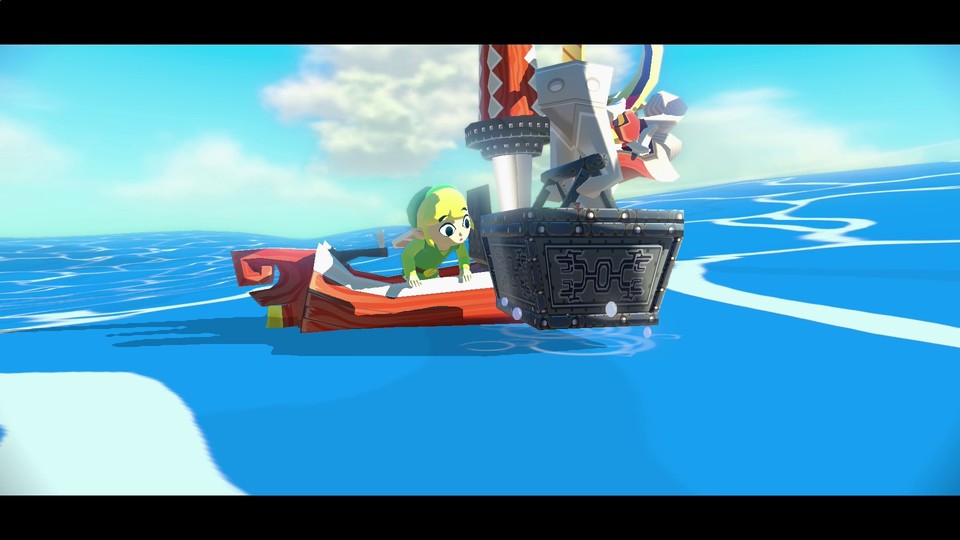Dank eines eingebauten Krans kann Link auf hoher See nach Schätzen angeln, wenn er mit seinem Drachenboot unterwegs ist.