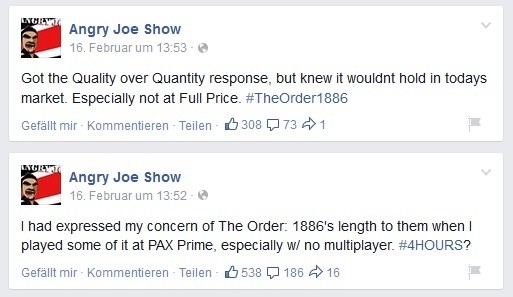 Auf Facebook prangert Angry Joe unter dem Hashtag #4HOURS die Spielzeit von The Order an. Viele User widersprechen in den Kommentaren.