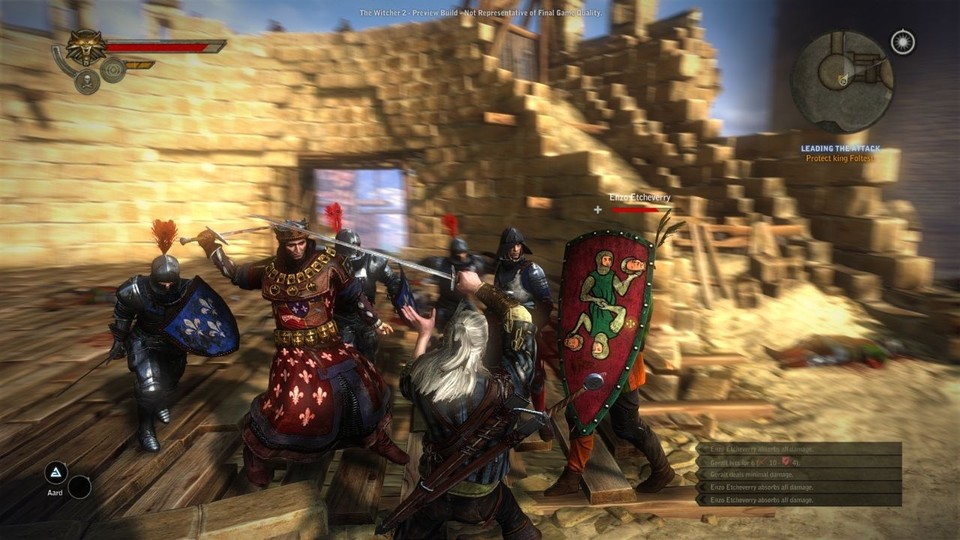 Geralt kämpft gemeinsam mit König Foltest (links). Beachtet auch den detaillierten Schild des Zwischengegners (rechts).