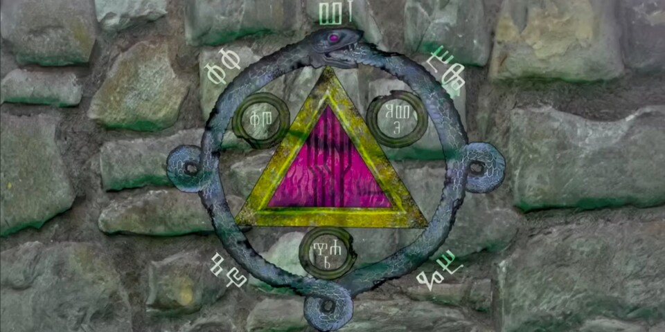 So sieht das Symbol aus: Ein Dreieck, die Ouroboros-Schlange drumherum und ganz in der Mitte ein Bild, das Cyberpunk-Fans kennen dürften.