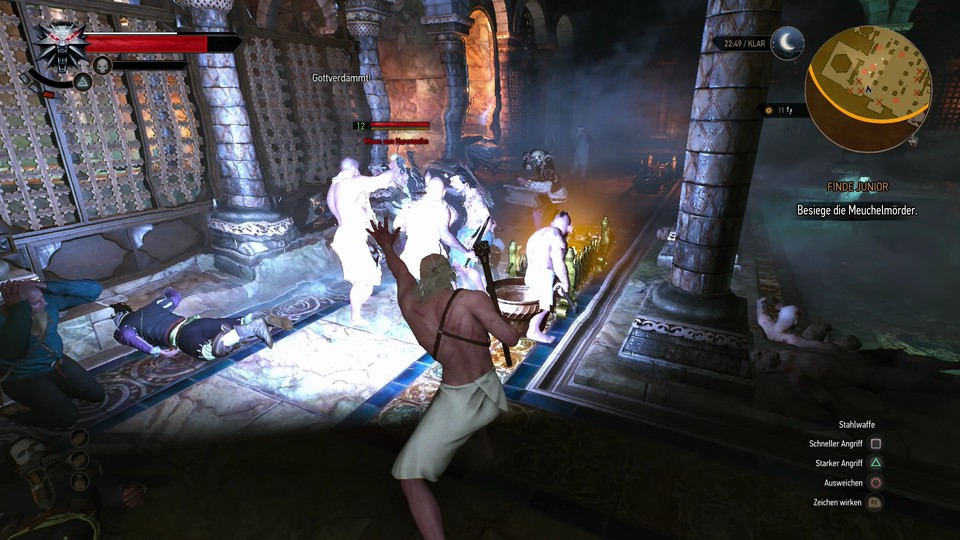 Beim Kampf im Dampfbad kommt The Witcher 3 auf der PS4 ganz schön ins Ruckeln.