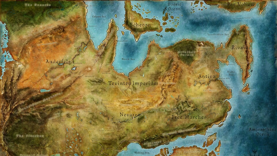Thedas mit Blick auf das Tevinter Imperium. Direkt daneben liegen Antiva, Nevarra und Anderfels.