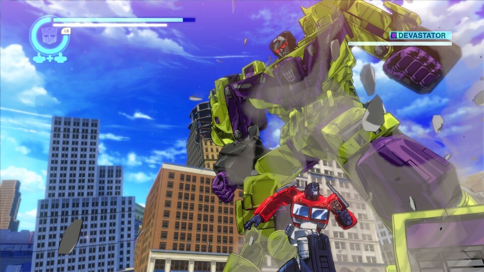 Die Bossgegner sind teilweise riesig: Decepticon-Combiner Devastator könnte Optimus Prime bequem zertreten.