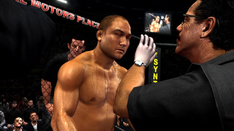 UFC Undisputed 2010: In der Pause werden die Kämpfer verarztet. Dabei kommt die Grafik-Engine voll zur Geltung: Die Schweißperlen auf dem Körper erinnert stark an Fight Night: Round 4.