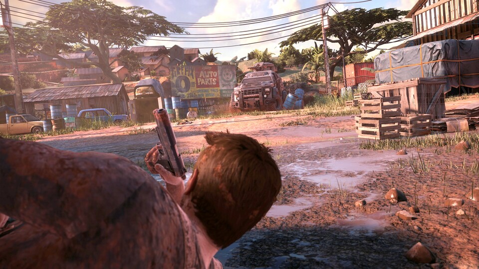 Wie schon Joel in The Last of Us muss sich Nathan seiner Gegner auch in ungünstigen Situationen erwehren – hier zum Beispiel liegend in einem Autowrack.