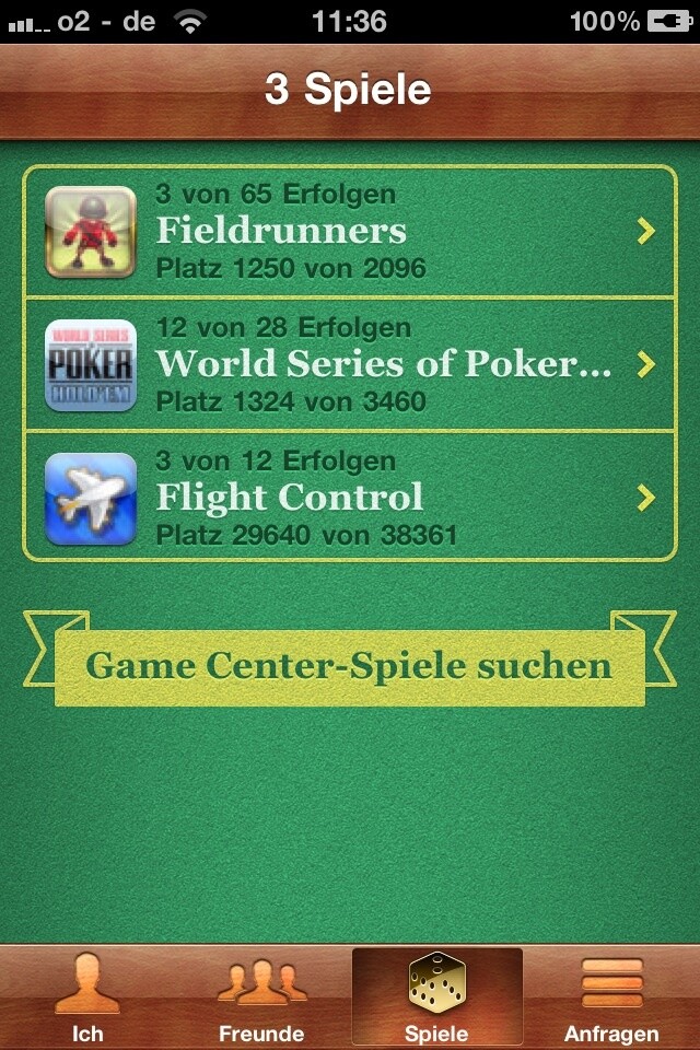 Die Spieleübersicht in der Game-Center-App zeigt die bereits gespielten Spiele mit Game-Center-Integration, zu denen es bereits Spielstände oder Erfolge gibt. Dazu sieht man seinen Ranglistenplatz. 