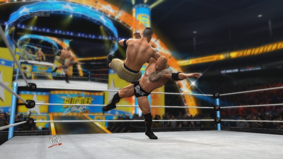 Dynamische Kameraperspektiven sorgen dafür, dass das Geschehen im virtuellen Ring den TV-Übertragungen der WWE verdammt nahe kommen.
