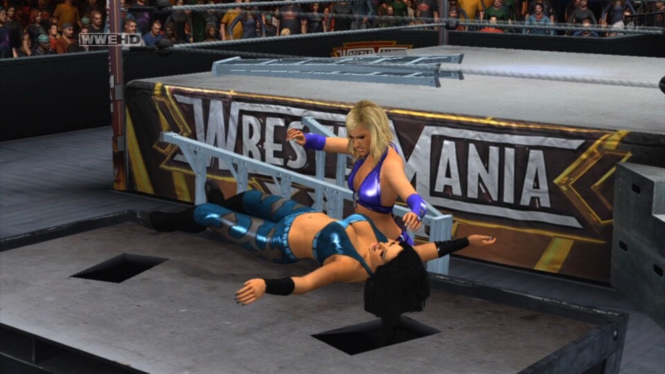 Auch außerhalb des Rings geht das Match weiter: Hier mißbraucht eine WWE-Diva das Kommentatorenpult als Ablage für ihre Gegnerin.