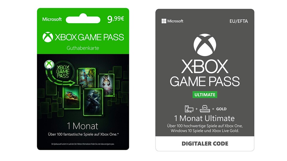 So sehen die Xbox Game Pass-Coupons im Handel aus. Links +quot;normal+quot;, rechts Ultimate.