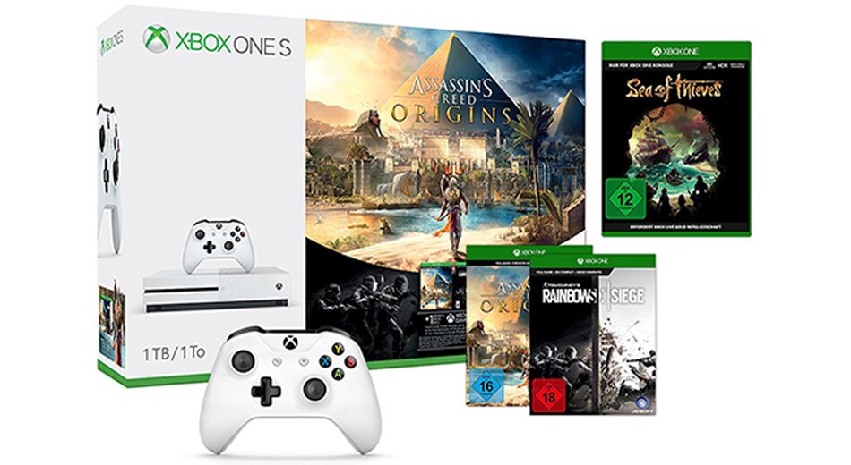 Es gibt diesmal ein Xbox One S Bundle mit AC: Origins, Rainbow Six und Sea of Thieves.