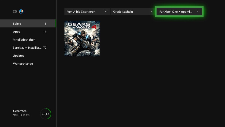 Die Option &quot;Für Xbox One X optimierte Spiele&quot; des rechten Reiters zeigt euch eure bereits verfügbaren Enhanced-Titel an.