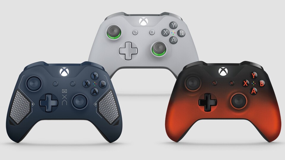 Die neuen Xbox One-Controller von links nach rechts: Patrol Tech Special Edition Green/Grey, Volcano Special Edition.