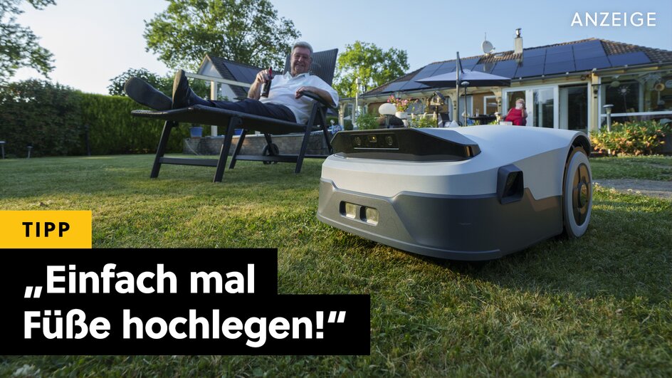 Teaserbild für Dieser Mähroboter ist in 10 Minuten eingerichtet, mäht bis zu 800 Quadratmeter und erkennt jedes Hindernis im Garten!
