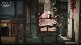 Assassins Creed Chronicles: ChinaEine Farbcodierung hilft bei der Orientierung im Spiel. Rote Pinselstriche weisen auf Klettermöglichkeiten hin. Verstecke sind immer grün.