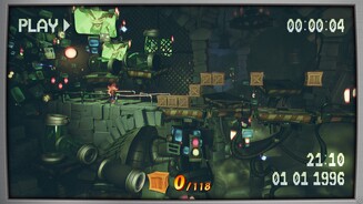 Im Stil einer alten Videokassette zeigen Flashback-Tapes (spielbare) Szenen aus Crash’s Vergangenheit bei Neo Cortex. Auch für uns ist das nicht leicht.