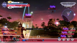 Dissidia Final Fantasy NTDie hellblaue Linie zeigt an, welcher Gegner uns gerade anvisiert hat. Mit einem Schild lassen sich manche Angriffe abblocken, aber es braucht einen Augenblick, bis es sich aktiviert.