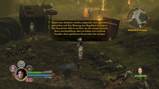 Dungeon Siege 3Auf Wunsch kann unser Held bestimmte Situationen näher kommentieren. Hier erzählt er, was ihm zu den aufgereihten Leichen einfällt.