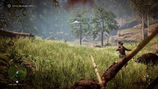 Far Cry PrimalIm Oros-Tal gibt es Unmengen dynamischer Situationen. Wir stoßen auf eine Gruppe feindlicher Jäger, während rechts im Bild ein Wenja-Kollege von einem Wolf gefressen wird.